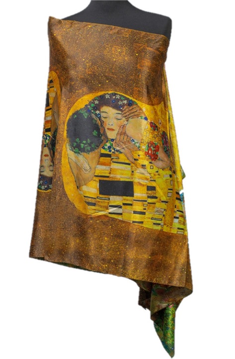Esarfa Dama Tip Sal cu 2 Fete, Imprimeu tip Pictura, Matase si Vascoza, Galben/Maro