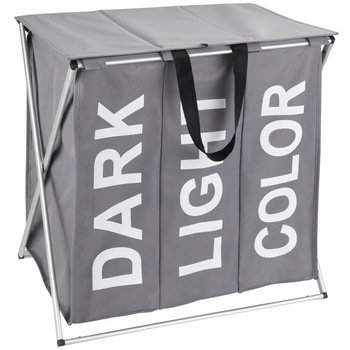 Cos rufe, Zola®, din material textil,3 compartimente,capac si manere, cadru metalic, gri cu mesaj, 118 L Cos rufe, Zola®, din material textil,3 compartimente,capac si manere, cadru metalic, gri cu mesaj, 118 L