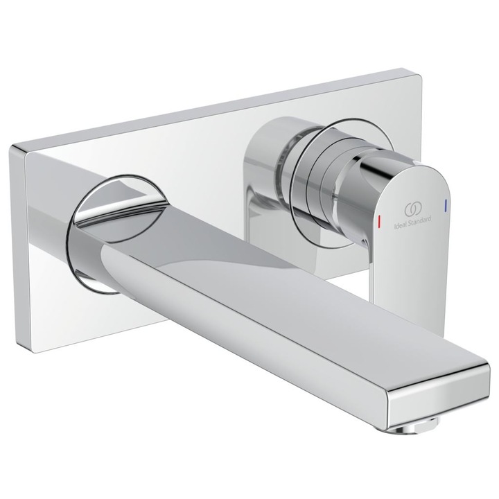 Смесител Ideal Standard, Edge, A7116, вграден за умивалник, 28 mm керамичен затварящ механизъм, лят чучур 180 mm, метална ръкохватка с индикатор за топла и студена вода, аератор Perlator M24x1 с ограничител на дебит 5 l/min