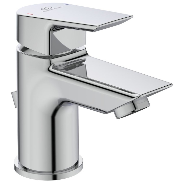 Смесител Ideal Standard, Tesi, A6566, стоящ за умивалник Piccolo, 28 mm керамичен затварящ механизъм, ограничител на топла вода, метална ръкохватка с индикатор за топла и студена вода, с метален изпразнител
