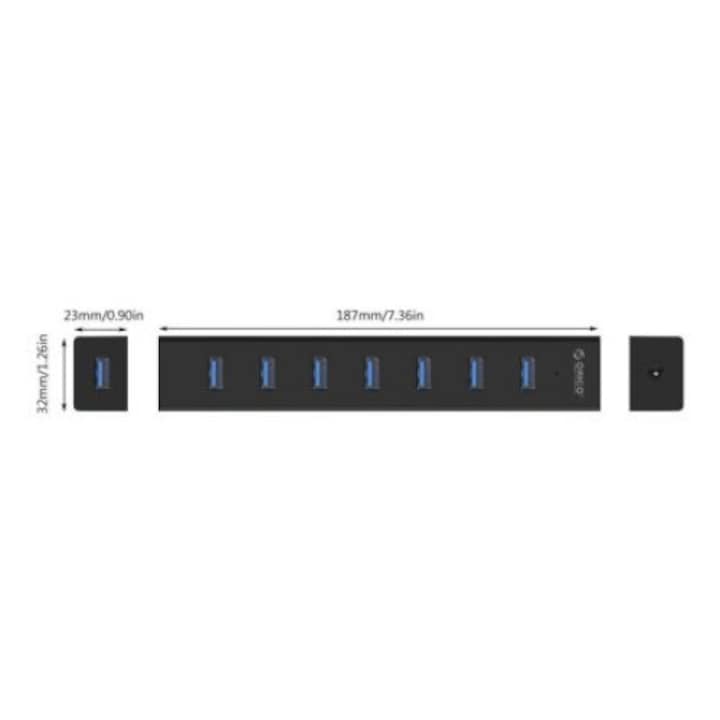 USB-elosztó Orico H7013-U3-AD-BK, USB-elosztó, USB 3.0, 7 portos hub, szuper sebesség