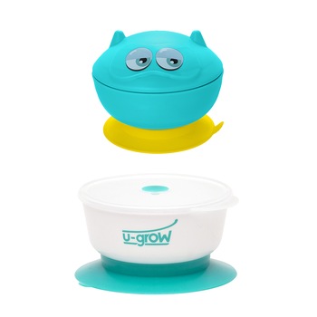 Set 2 boluri cu ventuza si capac U-Grow, Albastru/Galben Set 2 boluri cu ventuza si capac U-Grow, Albastru/Galben