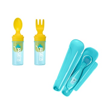 Set lingurita silicon cu suport + lingurita si furculita portabile U-Grow, Albastru/Galben Set lingurita silicon cu suport + lingurita si furculita portabile U-Grow, Albastru/Galben