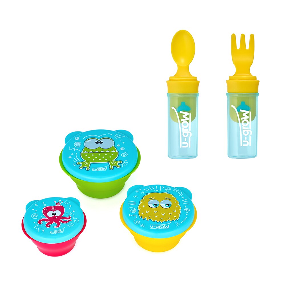 Set 3 boluri hranire 160/240/340 ml + lingurita si furculita portabile U-Grow, Albastru/Galben