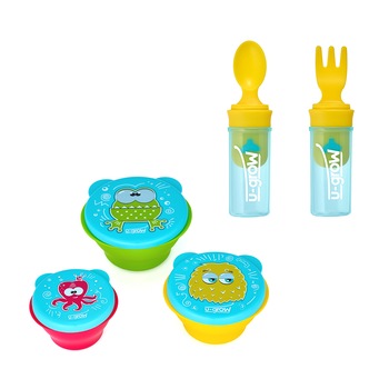 Set 3 boluri hranire 160/240/340 ml + lingurita si furculita portabile U-Grow, Albastru/Galben Set 3 boluri hranire 160/240/340 ml + lingurita si furculita portabile U-Grow, Albastru/Galben