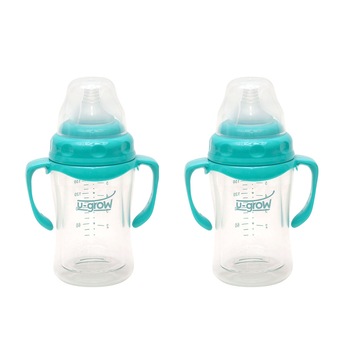 Set 2 biberoane din sticla cu gat larg U-Grow, 180 ml, Albastru Set 2 biberoane din sticla cu gat larg U-Grow, 180 ml, Albastru