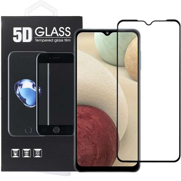 Samsung Galaxy A12 / A12 Nacho kompatibilis üvegfólia, előlapi, 5D, edzett, hajlított, fekete kerettel