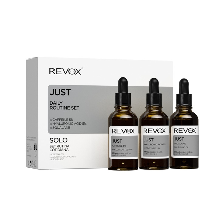 Revox Just Daily Routine készlet: Just Caffeine Eye Szérum 5%, 30 ml + Just Hyaluronsavas szérum 5%, 30 ml + Just Squalane szérum, 30 ml