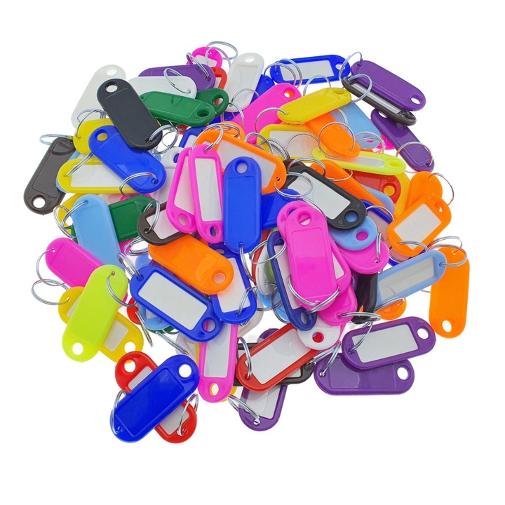 Set 100 bucati breloc cu eticheta identificare si inel de prindere, Key Ring Tag, 52 x 22 mm, din plastic, multicolor Multicolor Brelocuri