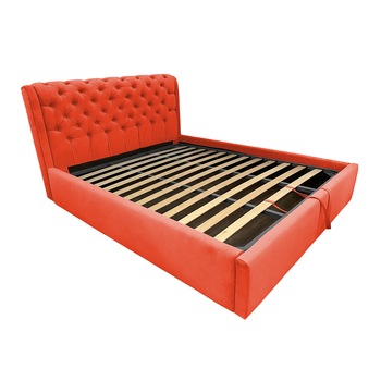 Pat tapitat Crystal Portocaliu, MobAmbient, cu tablie Chesterfield din catifea, somiera metalica rabatabila, lada de depozitare, pentru saltea 160 x 200 cm Pat tapitat Crystal Portocaliu, MobAmbient, cu tablie Chesterfield din catifea, somiera metalica rabatabila, lada de depozitare, pentru saltea 160 x 200 cm
