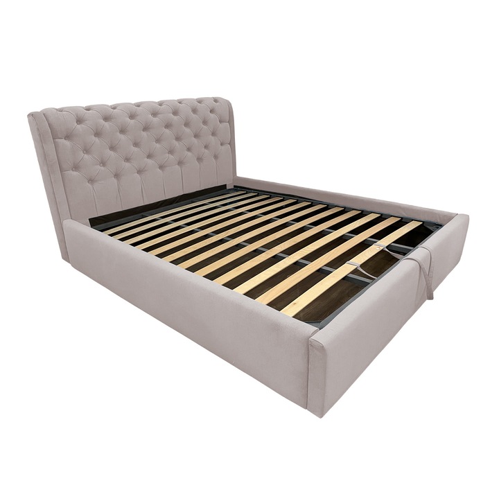 Pat tapitat Crystal Crem, MobAmbient, cu tablie Chesterfield din catifea, somiera metalica rabatabila, lada de depozitare, pentru saltea 160 x 200 cm