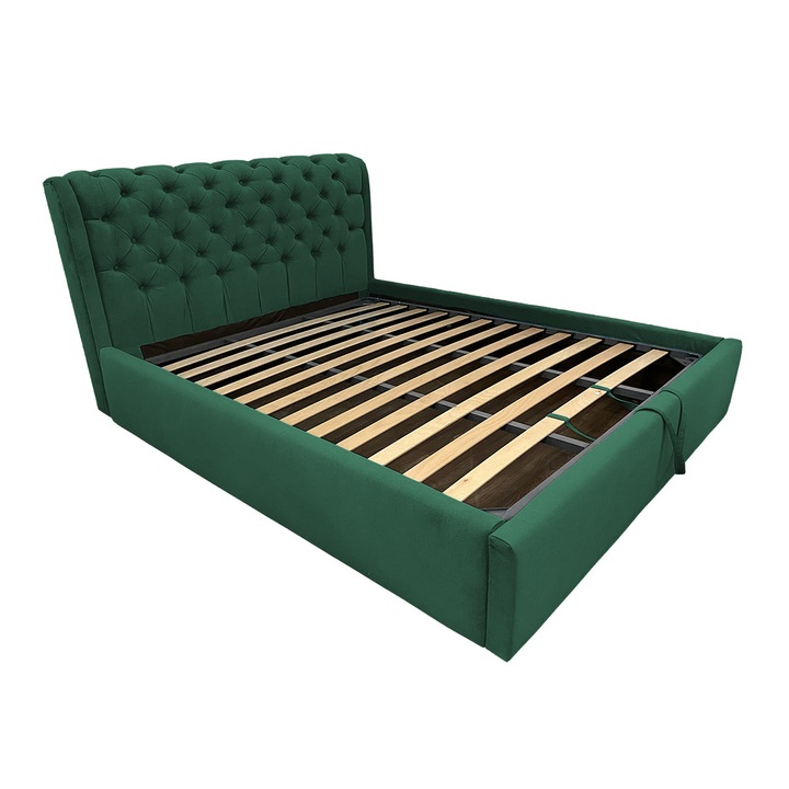 Pat tapitat Crystal Verde inchis, MobAmbient, cu tablie Chesterfield din catifea, somiera metalica rabatabila, lada de depozitare, pentru saltea 160 x 200 cm