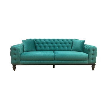 Canapea fixa JASMINE, MobAmbient, Turquoise , material textil, structura lemn masiv, stofa catifelata, spatar si brate tip Chesterfield, picioare lemn masiv elegante, 2 perne incluse, 225 x 95 cm Canapea fixa JASMINE, MobAmbient, Turquoise , material textil, structura lemn masiv, stofa catifelata, spatar si brate tip Chesterfield, picioare lemn masiv elegante, 2 perne incluse, 225 x 95 cm