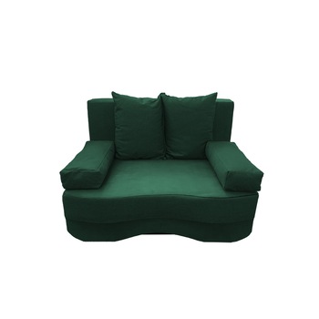 Canapea extensibila Junior, MobAmbient, Verde inchis, material textil, extensie din plasa de arcuri tip relaxa, cu lada de depozitare, 2 perne si 2 cotiere incluse, 144 x 190 cm