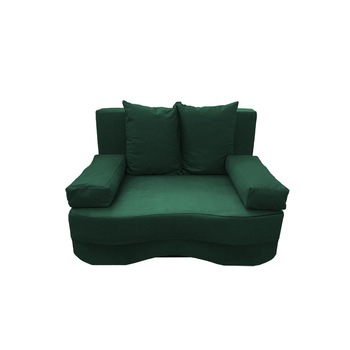 Canapea extensibila Junior, MobAmbient, Verde inchis, material textil, extensie din plasa de arcuri tip relaxa, cu lada de depozitare, 2 perne si 2 cotiere incluse, 144 x 190 cm Canapea extensibila Junior, MobAmbient, Verde inchis, material textil, extensie din plasa de arcuri tip relaxa, cu lada de depozitare, 2 perne si 2 cotiere incluse, 144 x 190 cm