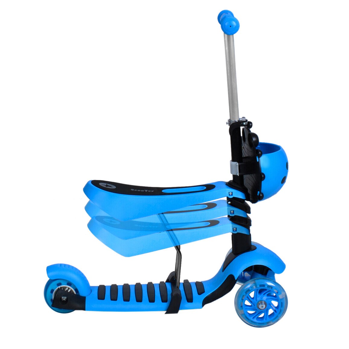 Trotineta cu trei roti si scaun Iso Trade, Inaltime reglabila, Roti iluminate LED, +3ani, ABEC-7, PU/PP/Fier, Albastru
