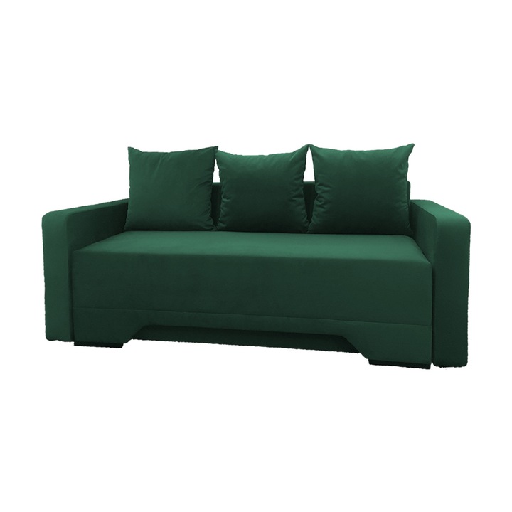 Canapea extensibila Mirela, MobAmbient, Verde inchis , material textil, extensie din plasa de arcuri tip relaxa, cu lada de depozitare, 3 perne incluse, 220 x 140 cm