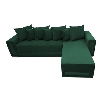 Coltar extensibil Eva, MobAmbient, Verde inchis, material textil, extensie 140 cm din plasa de arcuri tip relaxa, 1 lada de depozitare, 3 perne mari si 3 perne mici incluse, 290 x 180 cm Coltar extensibil Eva, MobAmbient, Verde inchis, material textil, extensie 140 cm din plasa de arcuri tip relaxa, 1 lada de depozitare, 3 perne mari si 3 perne mici incluse, 290 x 180 cm