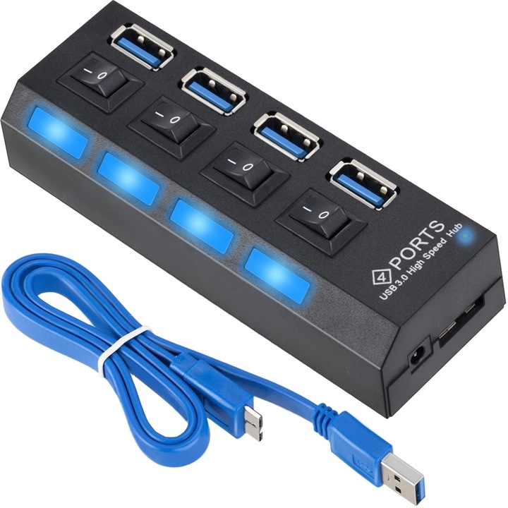 Hub USB cu 4 porturi, USB 3.0, 5V, 5GB/s, Negru