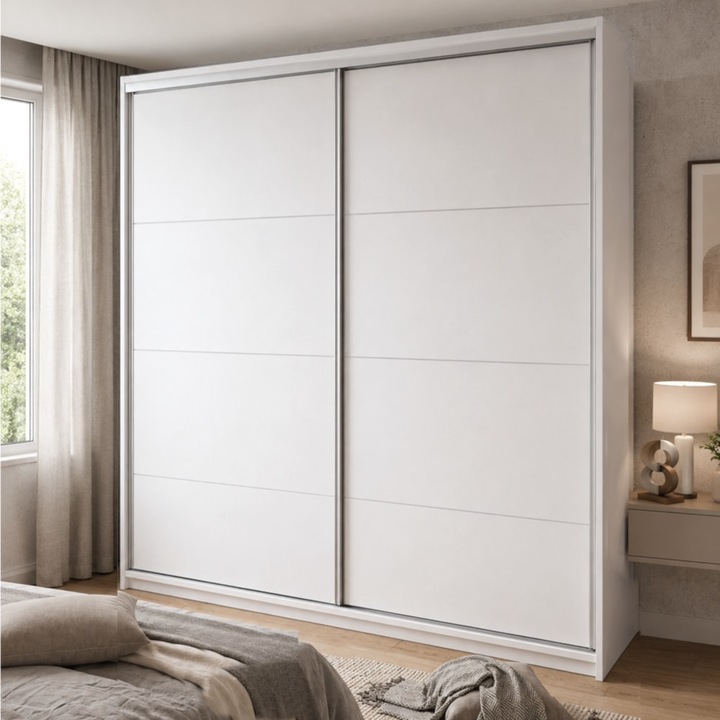 Dulap Dressing Alb L140 x H240 cm Lara, usi glisante, 2 compartimente, 6 polite, 2 bare haine, PAL 18mm, sistem Hafele