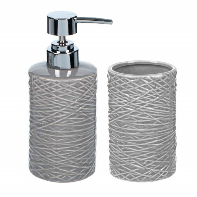 Set dispenser sapun lichid si suport periuta de dinti din ceramica, 2 piese, Pufo, gri