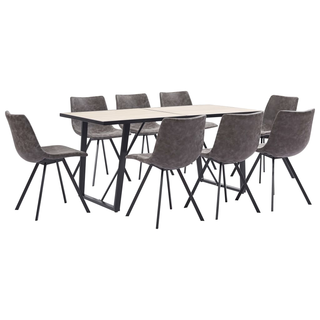 Set de 9 piese masa cu 8 scaune bucatarie, vidaXL, Piele artificiala/Lemn stejar/Otel, 160 x 80 x 75cm, Maro