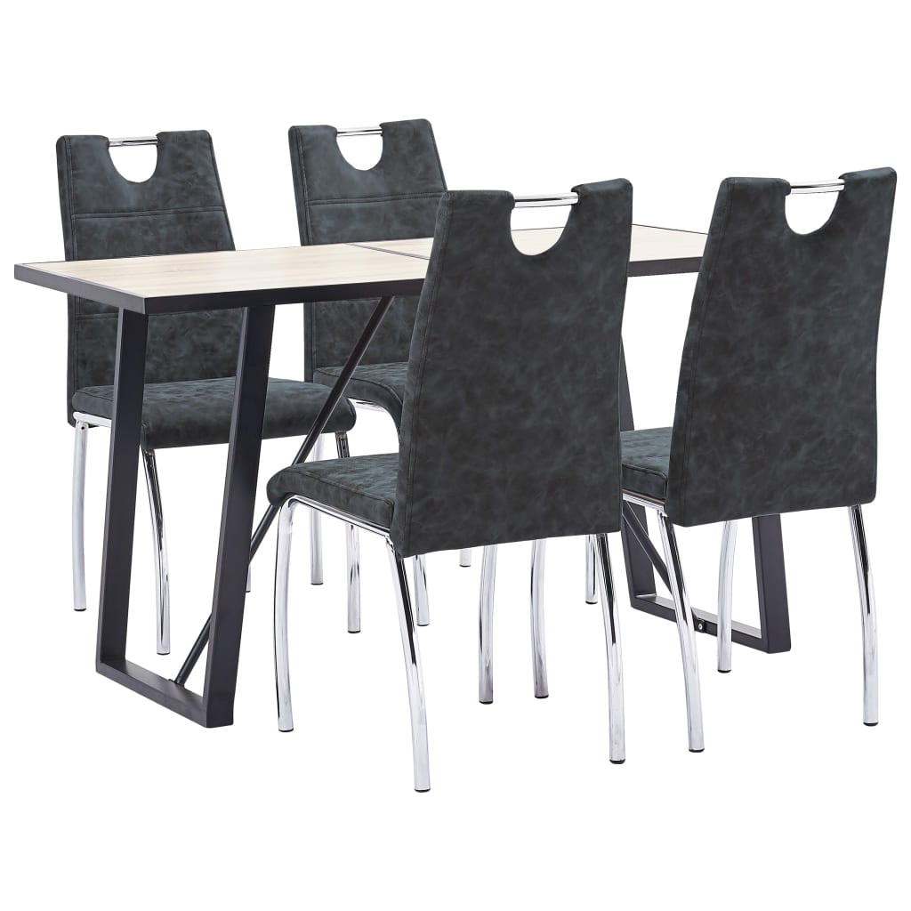 Set de 5 piese masa cu 4 scaune de bucatarie, vidaXL, Piele ecologica/Lemn stejar/Metal, 140 x 70 x 75 cm, Negru