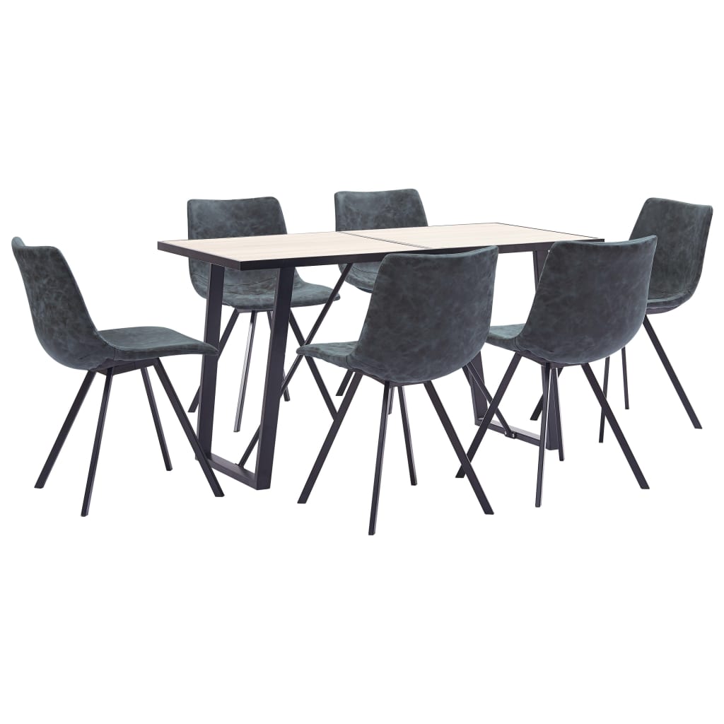 Set de 7 piese masa cu 6 scaune de bucatarie, vidaXL, Piele ecologica/Lemn stejar si MDF/Otel, 140 x 70 x 75cm, Negru
