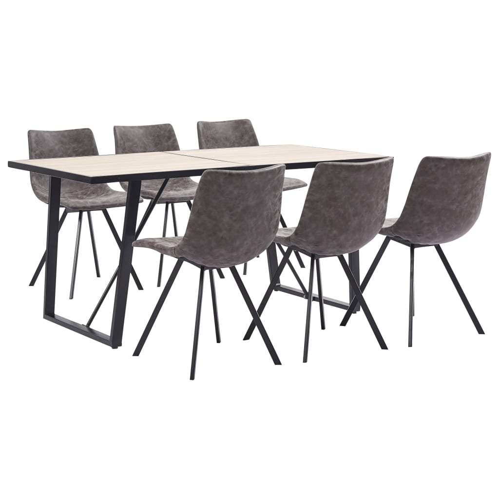 Set de 7 piese masa cu 6 scaune bucatarie, vidaXL, Piele artificiala/Lemn stejar/Otel, 160 x 80 x 75cm, Maro