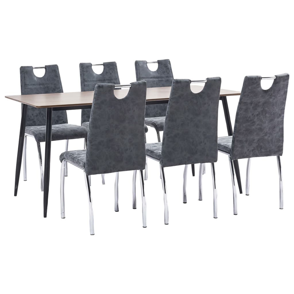 Set 7 piese masa cu scaune bucatarie, vidaXL, Piele artificiala/MDF/Otel, 160 x 80 x 75 cm, Negru/Maro inchis