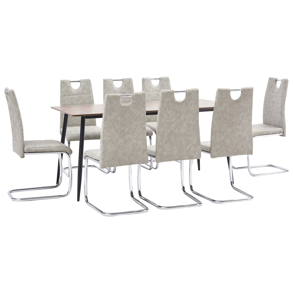 Set 9 piese masa cu scaune consola de bucatarie, vidaXL, Piele artificiala/MDF/Otel, 160 x 80 x 75 cm, Gri deschis/Maro inchis