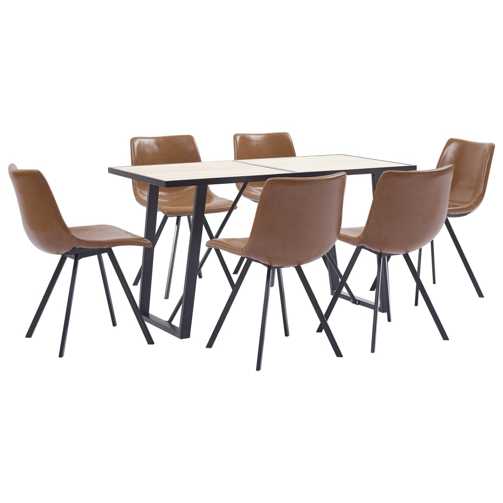 Set de 7 piese masa cu 6 scaune de bucatarie, vidaXL, Piele ecologica/Lemn stejar si MDF/Otel, 140 x 70 x 75cm, Maro lucios