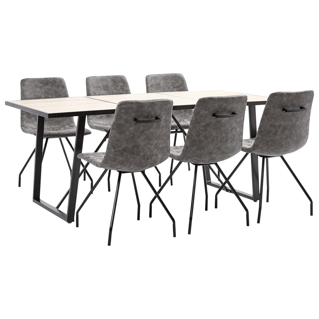 Set de 7 piese masa cu 6 scaune de bucatarie, vidaXL, Piele ecologica/Lemn stejar/Otel, 180 x 90 x 75 cm, Maro