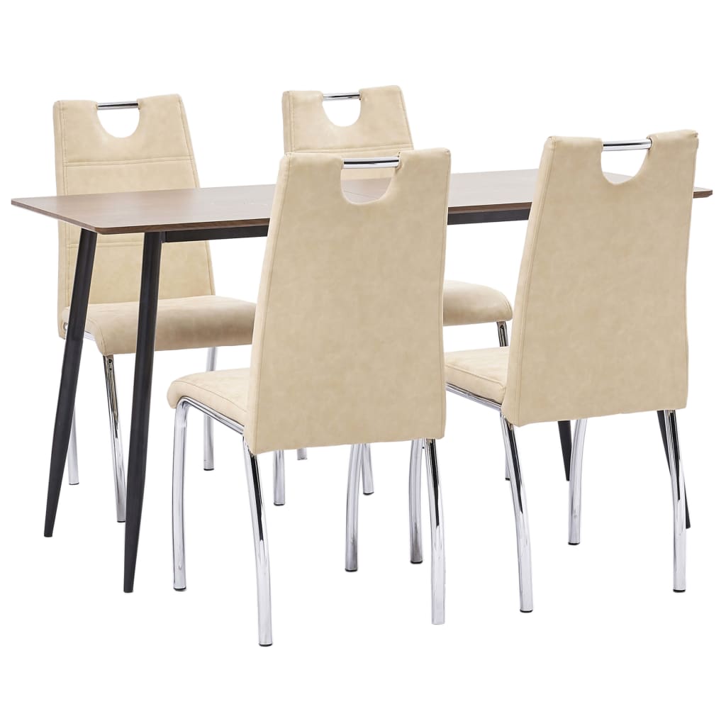 Set de 5 piese masa cu 4 scaune de bucatarie, vidaXL, Piele ecologica/MDF/Otel, 140 x 70 x 75cm, Crem