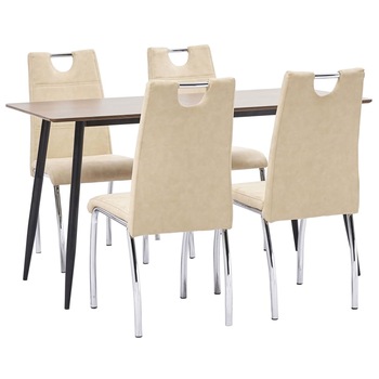 Set de 5 piese masa cu 4 scaune de bucatarie, vidaXL, Piele ecologica/MDF/Otel, 140 x 70 x 75cm, Crem Set de 5 piese masa cu 4 scaune de bucatarie, vidaXL, Piele ecologica/MDF/Otel, 140 x 70 x 75cm, Crem