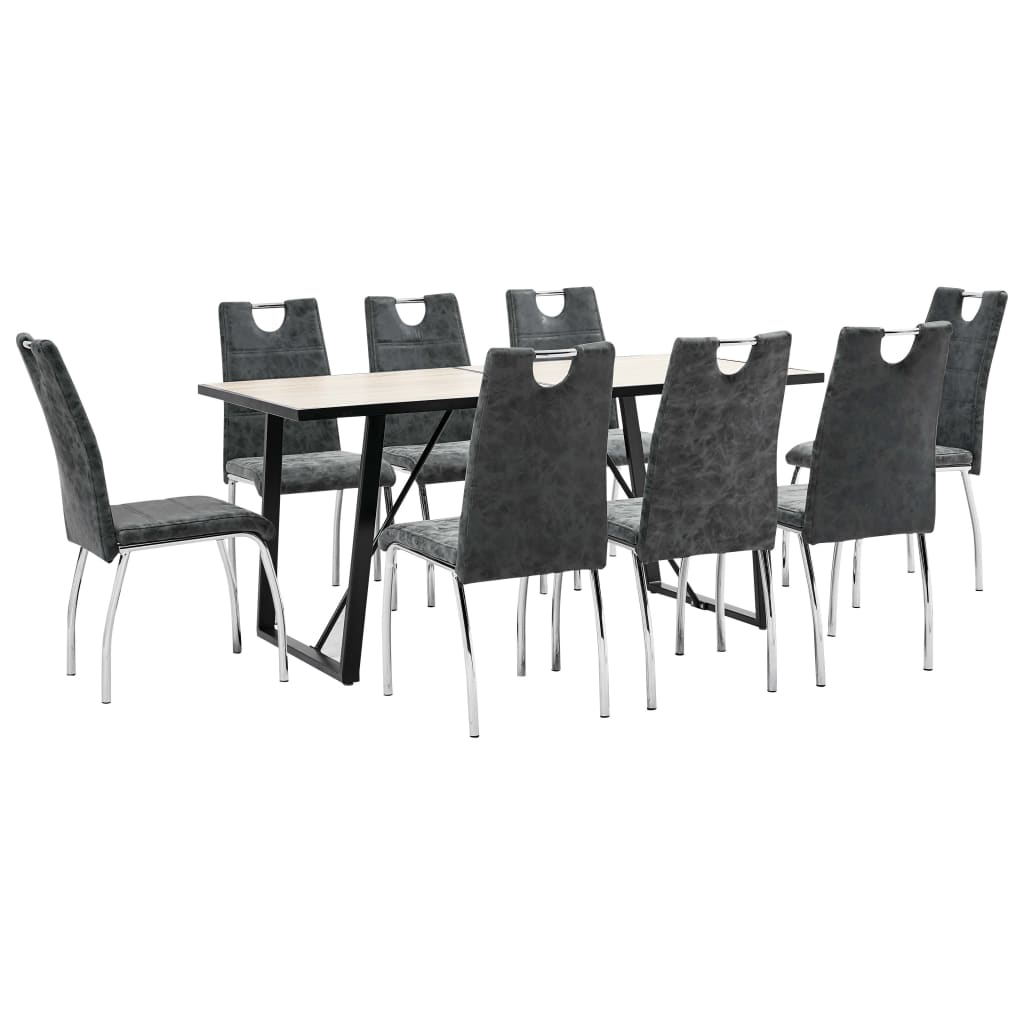 Set de 9 piese masa cu 8 scaune consola bucatarie, vidaXL, Piele ecologica/Lemn stejar/Otel, 160 x 80 x 75cm, Negru