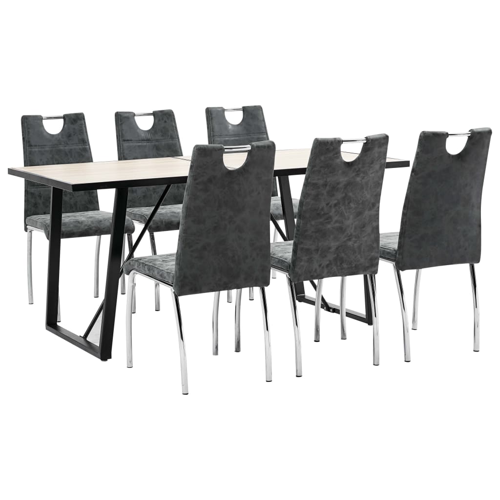 Set de 7 piese masa cu 6 scaune consola bucatarie, vidaXL, Piele ecologica/Lemn stejar/Otel, 160 x 80 x 75cm, Negru