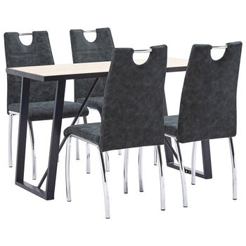 Set 5 piese masa cu 4 scaune de bucatarie, vidaXL, Lemn stejar/Piele artificiala/Otel, 120 x 60 x 75 cm, Negru Set 5 piese masa cu 4 scaune de bucatarie, vidaXL, Lemn stejar/Piele artificiala/Otel, 120 x 60 x 75 cm, Negru