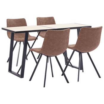 Set de 5 piese masa cu 4 scaune de bucatarie, vidaXL, Piele ecologica/Lemn stejar si MDF/Otel, 140 x 70 x 75cm, Maro mat Set de 5 piese masa cu 4 scaune de bucatarie, vidaXL, Piele ecologica/Lemn stejar si MDF/Otel, 140 x 70 x 75cm, Maro mat