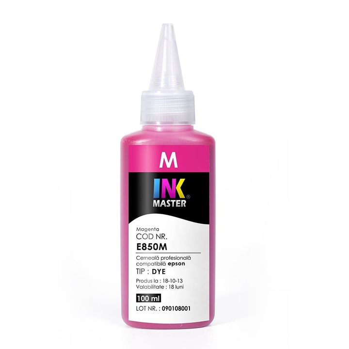 Cerneala profesionala Inkmaster pentru imprimante Epson cu 6 culori - DYE, Magenta, 100ml, compatibila Epson L800, L805, L810, L850, L1800, 1500W, P50