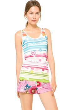 Top alb Mojito cu imprimeu multicolor, Desigual , L Top alb Mojito cu imprimeu multicolor, Desigual , L