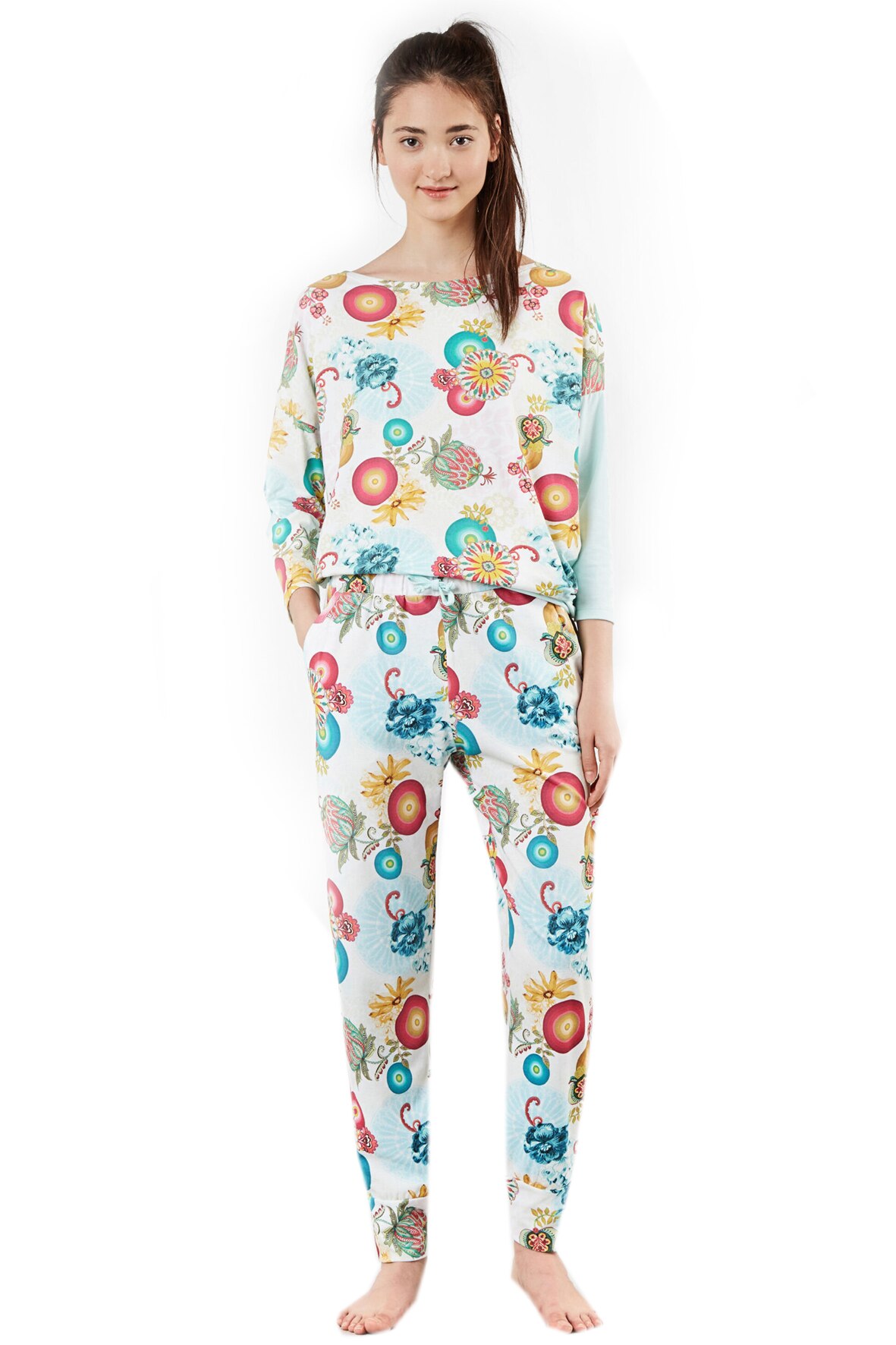 Pantaloni de pijama cu imprimeu floral, Desgual, Multicolor, M