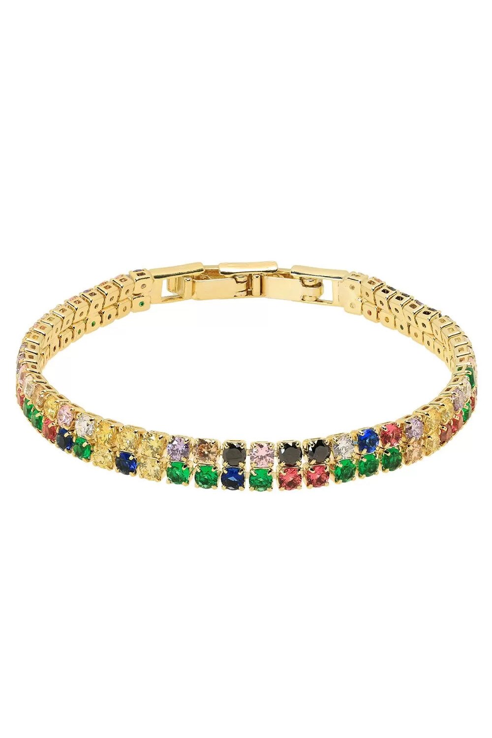 Bratara tip tennis dubla, Fashion Jewelry, placata cu aur, decorat cu cristale zirconia, multicolor, 15-16 cm