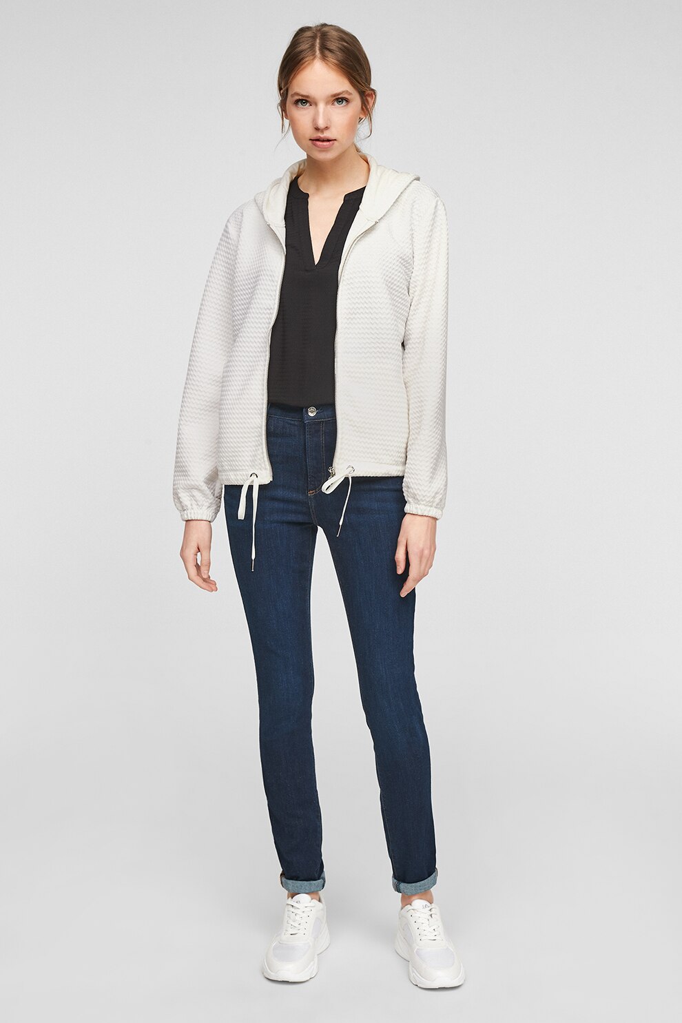 s.Oliver, Hanorac cu fermoar si aspect texturat, Alb