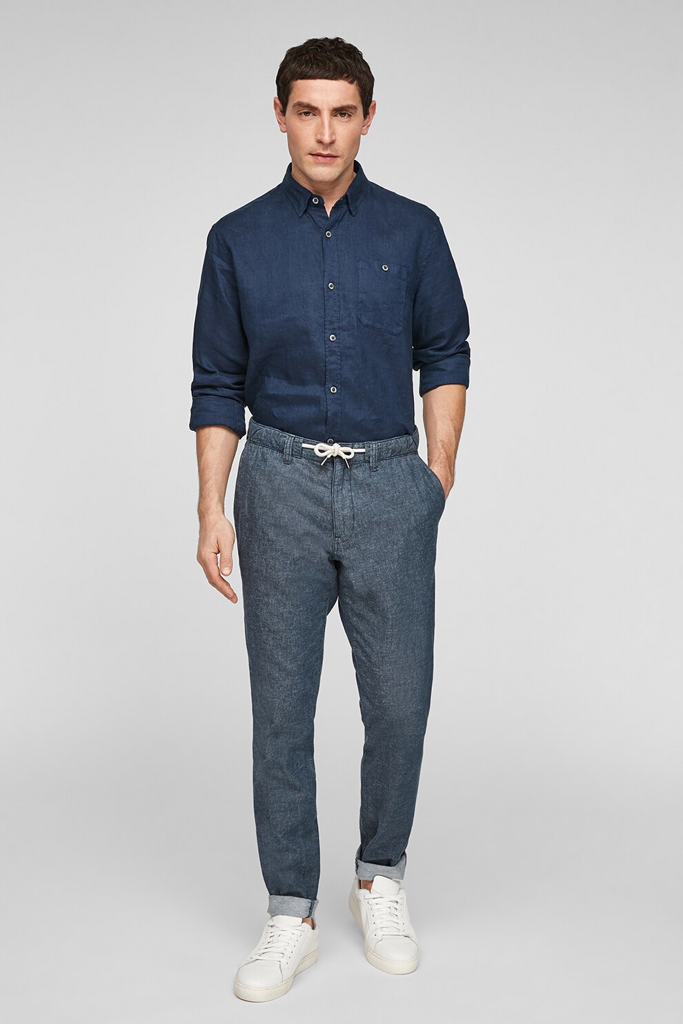 s.Oliver, Pantaloni chino din amestec de in cu snur, Albastru prafuit