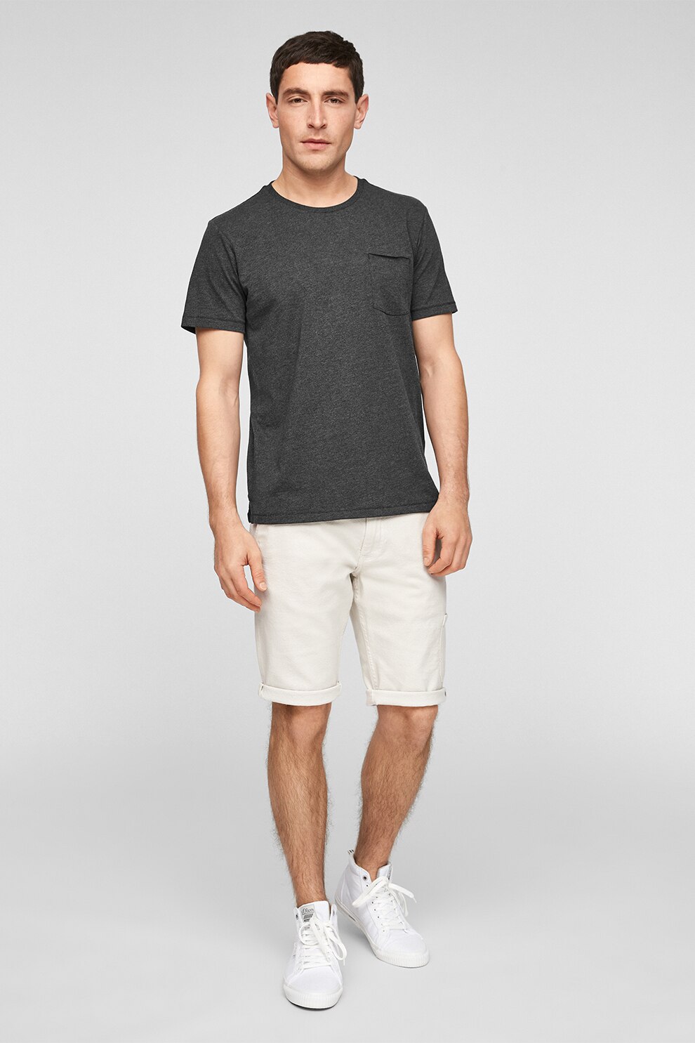 s.Oliver, Tricou cu decolteu la baza gatului si buzunar aplicat, Gri melange