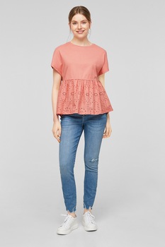 s.Oliver, Tricou cu maneci cazute si terminatie cu broderie anglaise, Rosu stins s.Oliver, Tricou cu maneci cazute si terminatie cu broderie anglaise, Rosu stins