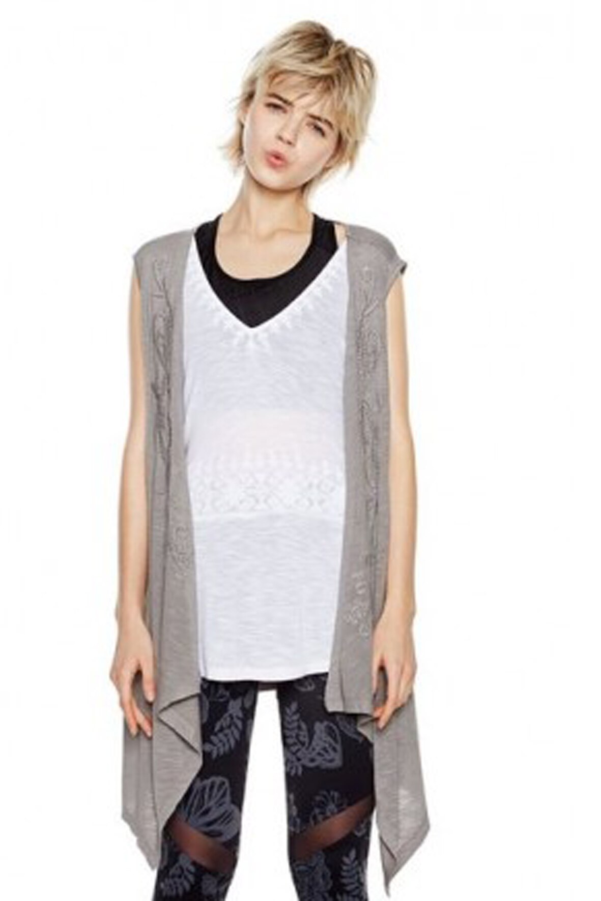 Tricou dama Desigual 18SWTKG6 , Gri/Alb , XL