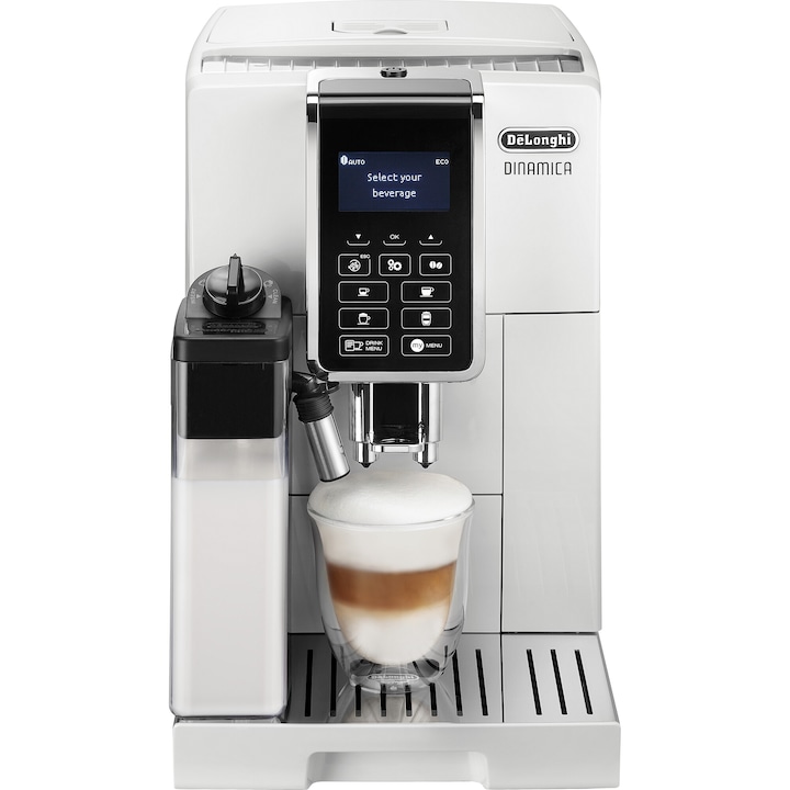 Espressor automat De’Longhi Dinamica ECAM 350.55.W, Carafa pentru lapte, Sistem LatteCrema, Rasnita cu 13 setari, 1450 W, 15 bar, 1.8 l, Alb