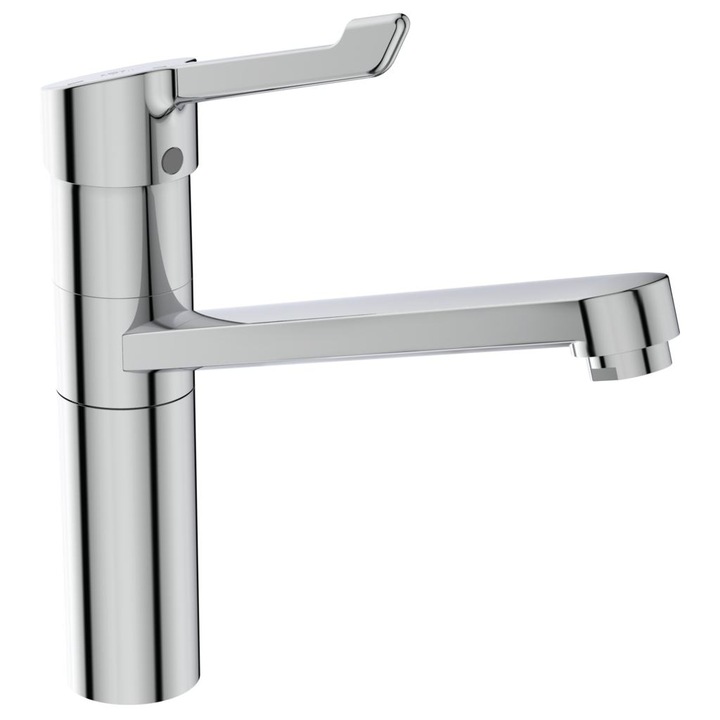 Смесител Ideal Standard, Ceraflex, стоящ за кухня Bluestart®, с медицинска ръкохватка, месингово тяло с висок запоен тръбен чучур, 38 mm затварящ механизъм FirmaFlow